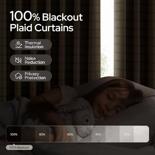HomeIDEAS Blackout Plaid Curtains, Noise Reduction & Thermal Insulated, W40xL84, 2 Panels, Sand