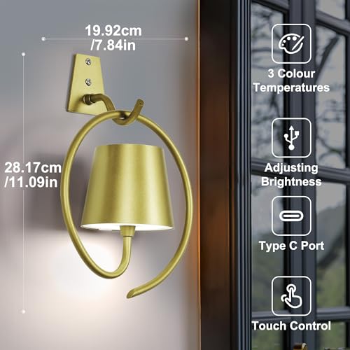Image of 5200mAh Wireless Wall Light, Rechargeable Batttery Operated Wall Sconces Set of 2,3 Color Stepless Dimming Up, Wall Lamp for Battery Operated Lamp for Bedroom /Living Room /Hallway (Champagne)