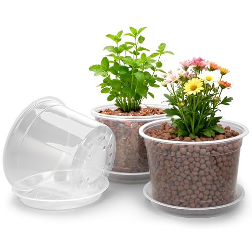 RAOOKIF 10 Inch Nursery Pots with Saucers 4 Pack Large Size Clear Nursery Pots with Drainage Hole for Indoor Outdoor Plants Plastic Clear Pots for Plants for Flowers Succulents Vegetable
