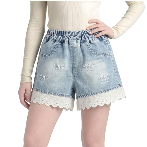 Girls Bow Embroidery Denim Shorts Kids Cute Fashion Lace Hem Trim Jean Shorts Teen Summer (Light Blue, 18-24 Months)