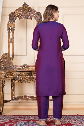 Image of Women's Silk Embroidered Kurta with Pant and Dupatta Set, Straight Style