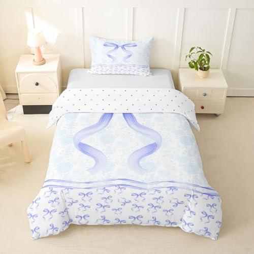 Homemissing Bleu Bow Parure de Lit Mignon Bowknot Housse de Couette 200x200cm Respirable Doux Floral Fleur Ensemble de Literie 3pièces Romantic Décoration de...