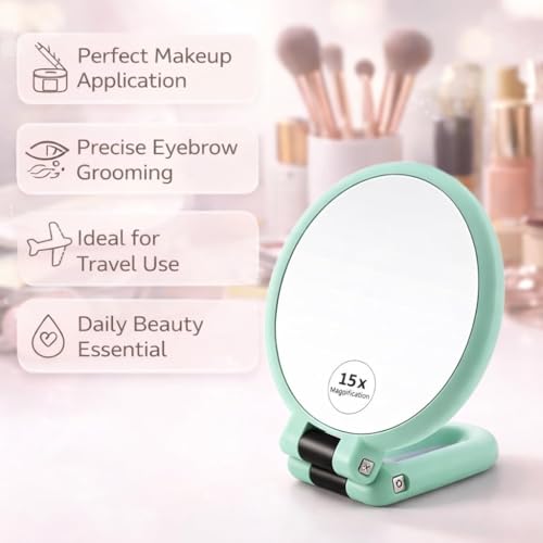 Image of 15X Magnification Double-Sided Folding Handheld Makeup Mirror, 1X /15X, Round, Portable Travel Mirror, 23x13.5x2 cm (Blue)