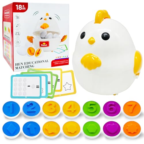 Kimicare Chicken Matching Eggs Toys, 24 PCS Eggs and Hen Storage with Color & Shape Recoginition Sorter Puzzle Cards Educational Easter Birthday Gifts for Toddlers Girls Boys