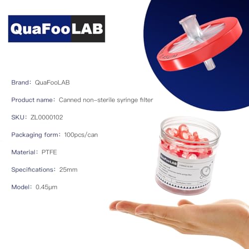 Image of Syringe Filters PTFE Membrane 13mm Diameter 0.22μm Pore Size QuafooLAB Non Sterile Red Pack of 100