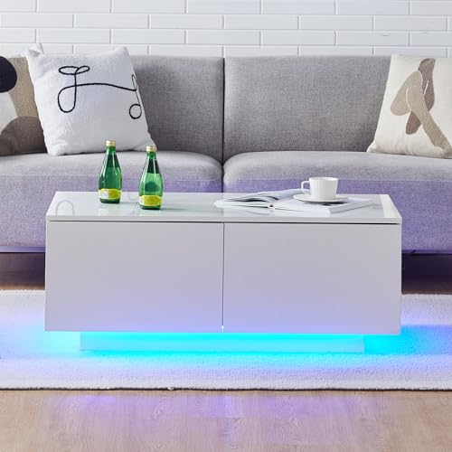 CLIPOP Hochglanz Couchtisch weiß mit LED, Wohnzimmertisch mit 4 Schubladen, einstellbaren Lichtfarben, Mitteltisch mit Stauräume, Moderner Sofatisch, Teetisch für Wohnzimmer, 100x55x40cm – Bild 7