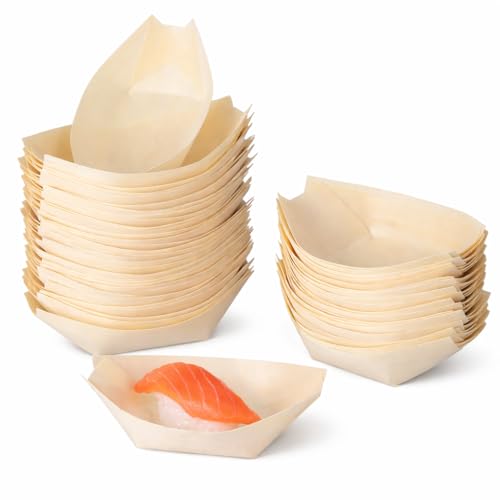 Garneck 300Pcs 3 Inch Wooden Sushi Boat - Disposable Bamboo Leaf Serving Trays for Appetizers & Desserts - Sturdy Mini Charcuterie Plates for Catering Parties Wedding