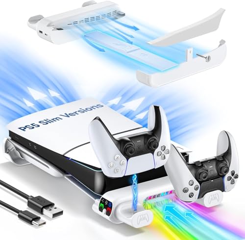 Image of New World Horizontal Cooling Stand Replacement for PS5 Slim Disc & Digital Only, Dual PS5 Controller Charger with 3-Level RGB Cooling Fan, for 2023 PS5 Slim Console (NOT Fit 2020 PS5 fat )
