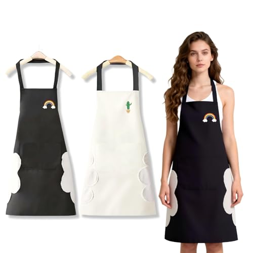 HUSHRICH 2Pcs Kitchen Apron Black White, Adjustable Kitchen Chef Aprons with Pockets, Waterdrop Resistant Cooking Kitchen Chef Apron for Women Men Home Kitchen Butchers BBQ Restaurant