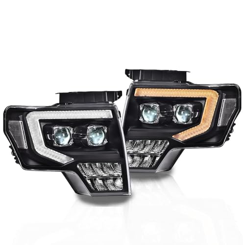 Image of GRAND ORANGE LED Headlights Assembly, Compatible with Ford F150 2009 2010 2011 2012 2013 2014 LED Tube Dual Projector Headlights Assembly with Switchback(Clear lens Black Housing Clear Reflector)