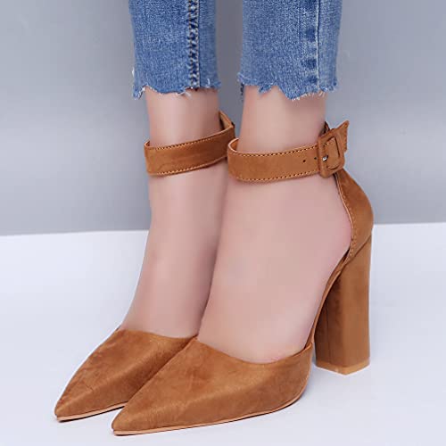 KOKOMOMO Womens Faux Suede Pointed Toe Block Heel Ankle Strap Pumps 5