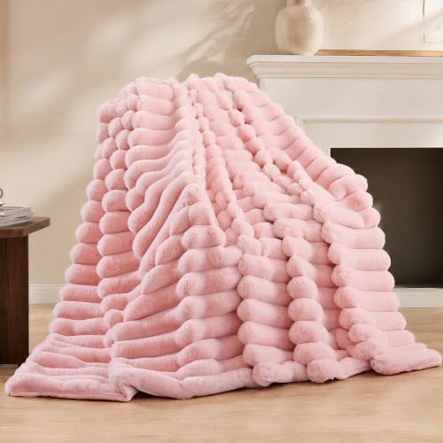 Blush Pink Fluffy Faux Rabbit Fur Striped Blanket 60 by 80 870GSM - Image 2