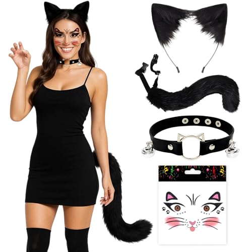 BaiDekun 4-Teiliges Catwoman Kostüm Damen Set, Katzenkostüm für Halloween und Karneval, Cat Noir Kostüm mit Katzenohren und Schwanz für Cosplay...