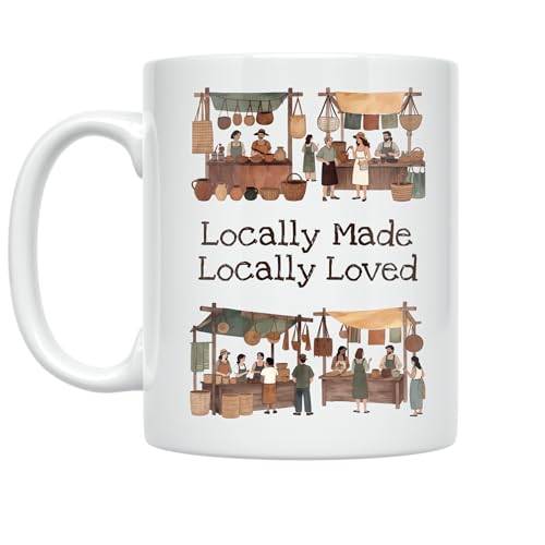 Coffee Lover Coffee Mug - Locally Made Locally Loved Market Scene - 11 oz White Ceramic - Rustic Artisan Style
