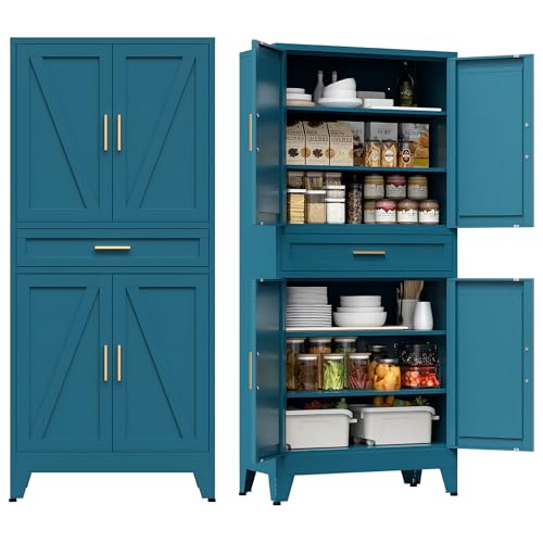 COFaR Farmhouse Storage Kitchen Pantry Cabinet with 4 Barn Door, 4 Adjustable Shelves, Drawer and Legs, for Cupboard/Dining Room/Bathroom/Living Room/Office/Laundry Room(Blue Green, 71" Metal Cabinet)