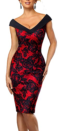 HOMEYEE Damen Elegant V-Ausschnitt Ärmelloses Vintage Rose Floral Cocktailkleid B425(EU 40 = Size L,Rot)