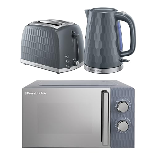 Russell Hobbs Honeycomb Grey Kitchen Set, 1.7L 2400W Kettle, 2 Slice Toaster with Dual Browning Levels & 17L 700W Microwave with 5 Power Levels, Defrost & Reheat Functions HCBNDL2G