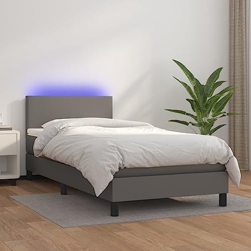 KLYEON Cama Box Spring y colchón LED Cuero sintético Gris 90x200 cm,Cama Box Spring con Colchón y Luces LED: el Punto Focal de tu Dormitorio Camas y somieres