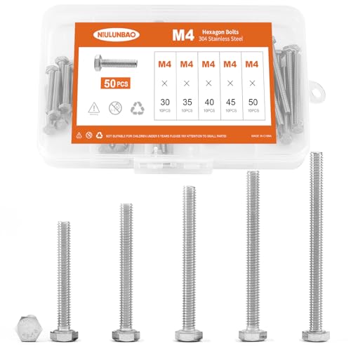 Image of M4 x 30mm 35mm 40mm 45mm 50mm Heavy Duty Hexagon Bolts Hex Head Screws, 304 Stainless Steel, Metric Machine Fully Threaded, Bright Finish, Assortment Kit 50PCS