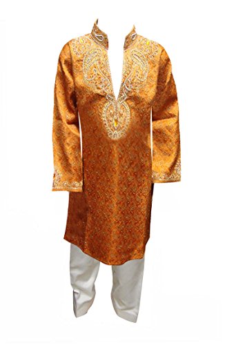 Boys arancione Sherwani Kurta Salwar Kameez Churidar Pajama in oro lavoro per partito Bollywood outfit 723 Arancione Orange