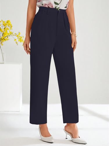 Image of Shasmi Women's High Waist Pleated Straight Leg Trousers - Elegant Solid Color Work Pants with Pockets, Casual Office Wear Polyester Blend Wide Leg Suit Pants (Trouser 235)
