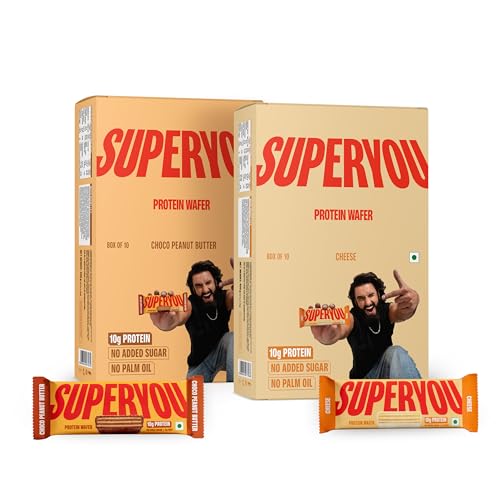 Superyou Choco Peanut Butter Protein Wafer Bars (Pack of 10) & Cheese (Pack of 10)|10G Protein,3G Fiber,No Added Sugar|Yeast Fermented Protein|Crunchy Wafer Bar|100% Vegetarian|No Palm Oil|800G