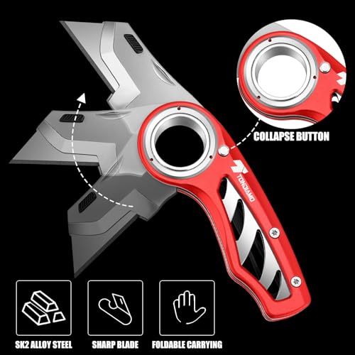 Image of Tondiamo 2 Pcs Folding Pocket Utility Knife Heavy Duty Box Cutter Folding Razor Knife with Anti Slip Finger Loop Easy Change Blades 3 Lock Positions Design (Red)