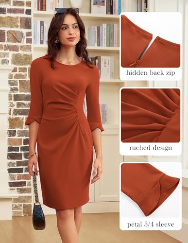 Image of GRACE KARIN Work Dresses for Women 3 /4 Sleeve Sheath Business Dress | Elegant Ruched Bodycon,Crew Neck,Pencil Midi Knee-Length,Cocktail,Church,Semi Formal Cocktail ,Professional Office