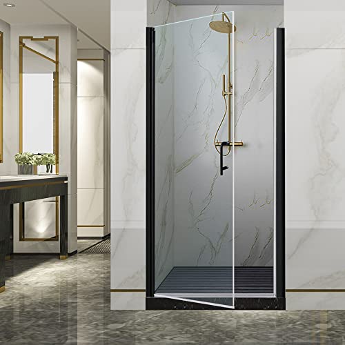 Grogro Frameless Glass Shower Door,32-33.5"W X 72"H Pivot Swing Shower Door,1/4 In Thick Clear Tempered Glass,Matte Black Finish, Black Shower Doors Can Be Reversible Installation #TOP1
