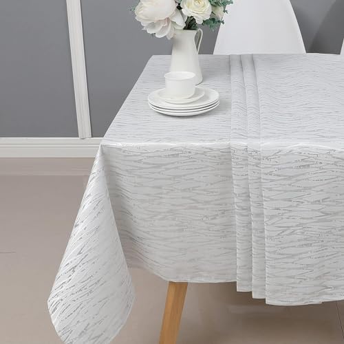 Majestic Giftware Polyester Tablecloths for Rectangle Tables | (54/72) - TC1317 Jacquard Swirl White/Silver Print | Hem Stitch Dining Table Cover | Decorative Washable Tablecloth for Kitchen, Dining