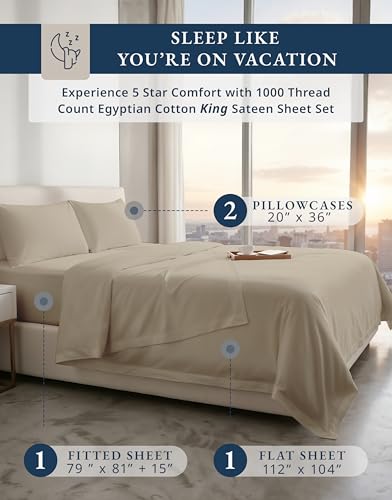 Image of LANE LINEN King Size Bed Sheet Set 100% Egyptian Cotton Sateen - Taupe