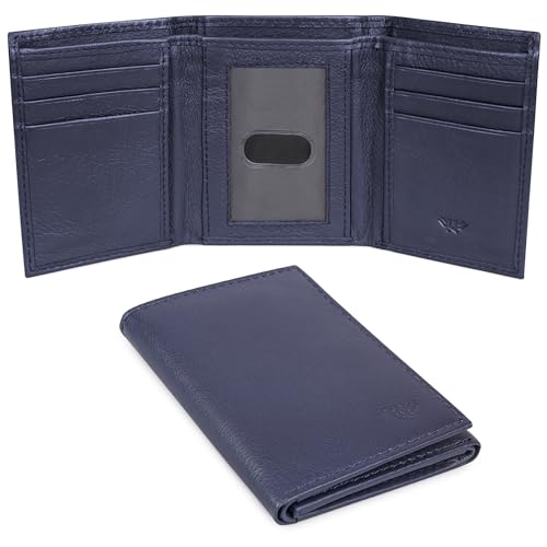 Image of Full Grain Genuine Leather Wallet for Men, Handcrafted Travel Wallet, Minimalist Slim Trifold Wallet, Anti-Theft RFID Blocking Wallet - Tri-fold - Navy