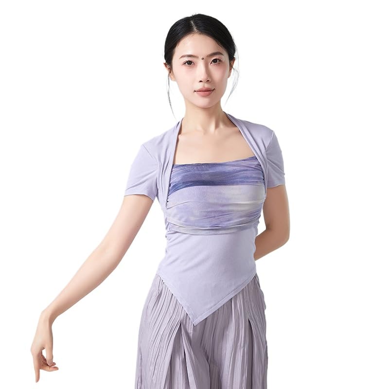 HEARTTOUCH Women Modern Wrap Top Ballet Dance Yoga Shirts Workout T Shirt Slim Fit Gym Tops Sport Pullover Shirts (B Purple,Medium)