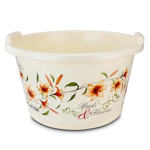 Image of Nayasa Deluxe Basin 19 LTR Plastic Utility Washing Tub | Printed Design | Strong, Lightweight Multipurpose Tub for Laundry, Cleaning & Household Use | no.200, Cream