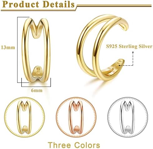 KALVICA 2 Pcs 925 Sterling Silver Ear Cuff for Women Cartilage Clip on Earrings Non Piercing Earrings Set Fits Sensitive Ears Adjustable Earring Cuffs Silver Gold Rose Gold