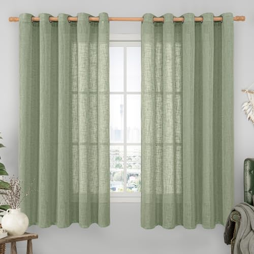 Image of LAMIT Sheer Linen Curtains 63 inches Long for Bedroom, Bronze Grommet Linen Drapes Light Filtering Semi Sheer Curtains for Small Window /Farmhouse, 2 Panels (60 x 63 Inch, Sage Green)