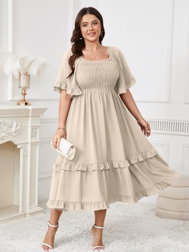 Image of SCOMCHIC Women's Plus Size Maxi Dresses Summer Short Sleeve Square Neck Smocked Wedding Guest Cocktail Boho Long Dress