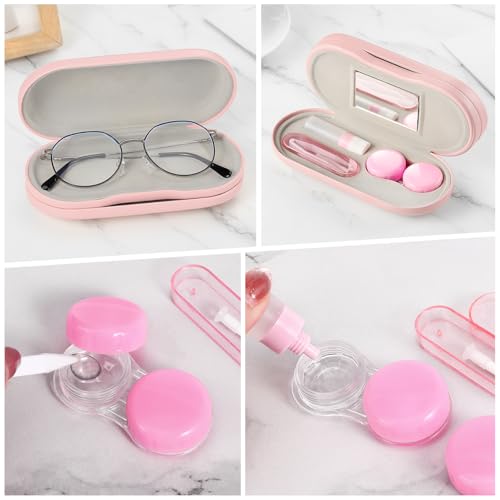 Image of MoKo Double Eyeglass Case, Contact Lens Case with Mirror Tweezers Remover, 2 in 1 Double Sided Portable Contact Lens Box Holder Container Soak Storage Kit Sunglasses Pouch for Men & Women, Pink