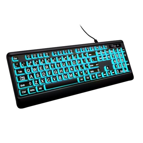 Large Print Backlit Keyboard, Wired Lighted Computer Keyboards with 7-Color Backlight, Light Up Oversize Letter Keys, Foldable Stands, USB Quiet Keyboard for PC, Windows, Laptop (Colorful Backlit)