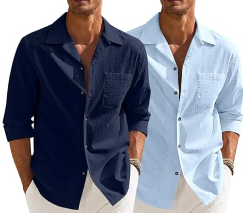 Image of Combo of Men's Casual Cotton Blend Shirt || Long Sleeve Button Down with Spread Collar | Lightweight Breathable Fabric | Stylish Solid Shirt for Beach, Office & Everyday Wear Pack of 2