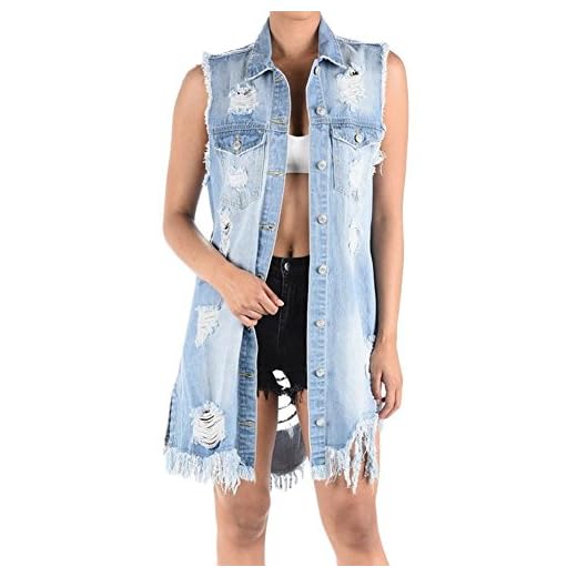 American Bazi Women's Oversized Destroyed Denim Vest RBT713 - Light Blue - Medium - H18G