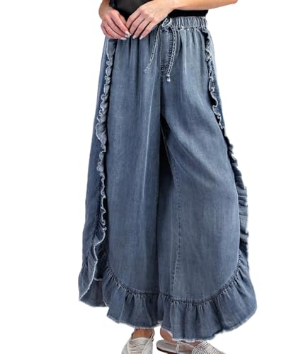 Apvirdy Womens Raw Hem Ruffled Wide Leg Jeans Casual Loose Elastic Waist Drawstring Flowy Palazzo Pants