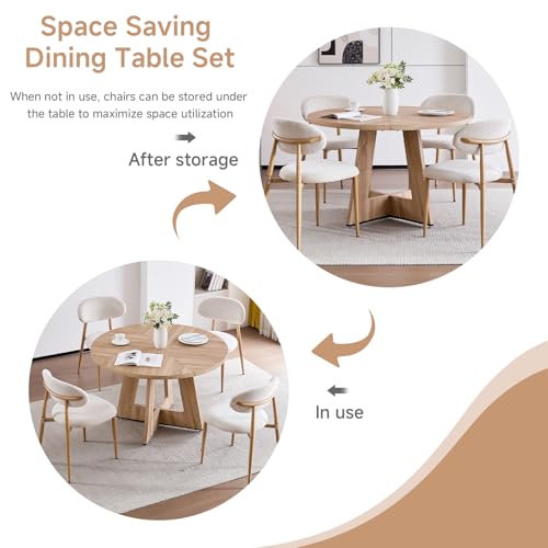 Image of 47 inch Round Dining Table Set for 4 with Chairs Circle Kitchen Table and Chairs Set Mid-Century Modern Chair with Metal Legs for Apartment Living Room(1 Natural Table + 4 Beige Chairs)