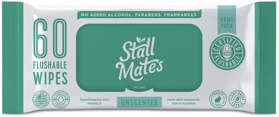- Stall Mates 60-Wipe Home Pack: Flushable, Hypoallergenic Moist Wipes, Unscented with Cucumber, Vitamin-E & Aloe