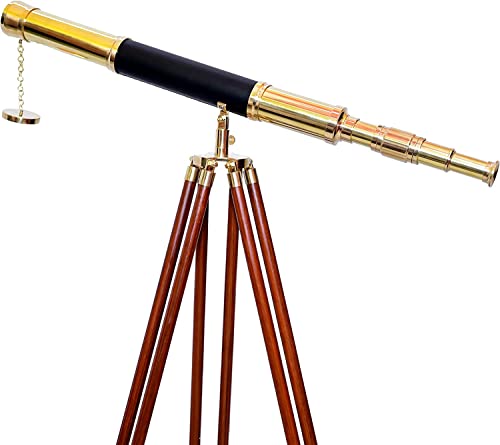 NAVIROCK Nautical Vintage Shiny Brass Leather Telescope Floor Stand Wooden Brown Tripod Telescope 55
