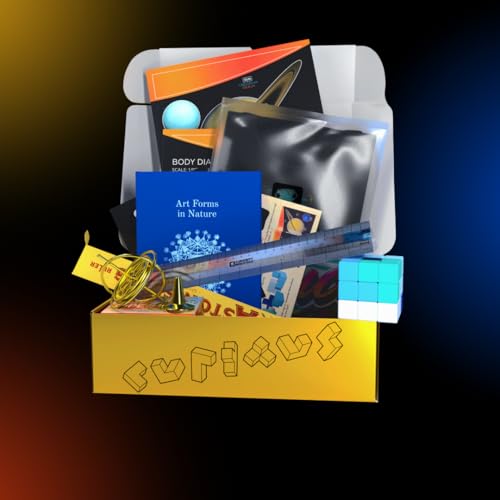 The Curiosity Box Science Gadgets for Teenagers and Adults, STEM Collection with Gyroscope, Astonishing Ruler, Soma Cube, Solar System Decals, Art Forms in Nature Book + Vsauce Vice T-Shirt (XL)