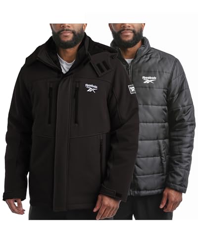 Reebok Mens Winter Coats - 3 in 1 System Hooded Softshell Windbreaker Jacket and Quilted Puffer Insulated Mens Ski Jacket