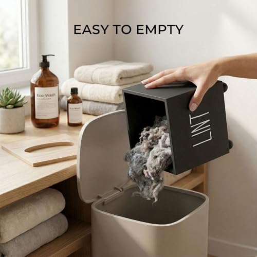 CHONIC Lint Bin for Laundry Room, Farmhouse Lint Box, Wooden Lint Holder with Lid, Lint Container for Laundry Room Decor, Dryer Lint Trash Can for Laundry Accessory Organization(Black)