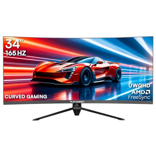 Raywego 34 Inch Curved Gaming Monitor, 165Hz 1500R WQHD(3440 x 1440), 1ms MPRT, FreeSync, PIP/PBP, 127% sRGB, HDR, HDMI2.0 & DP1.4 VESA, Tilt Adjustable, Pro Gaming (DP Cable Included)