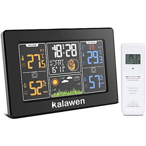 Kalawen Wireless Weather Station, Digital Color Weather Station with Outdoor Sensor, Digital Alarm Clock,Temperature, Humidity Monitor, Weather Forecast for Home Bedroom Garden, Black Cover